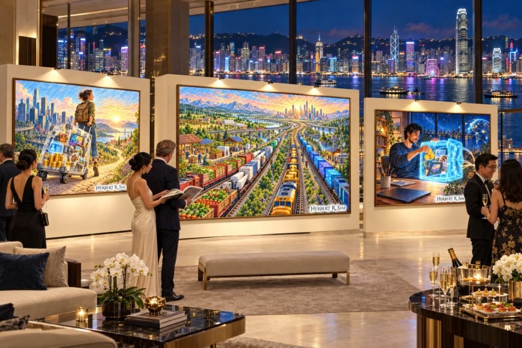 A private collectors’ evening overlooking Hong Kong’s Victoria Harbour, featuring Herbert Sim’s artworks on economic alternatives, portable ownership and practical sovereignty.