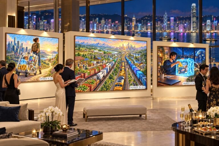 A private collectors’ evening overlooking Hong Kong’s Victoria Harbour, featuring Herbert Sim’s artworks on economic alternatives, portable ownership and practical sovereignty.